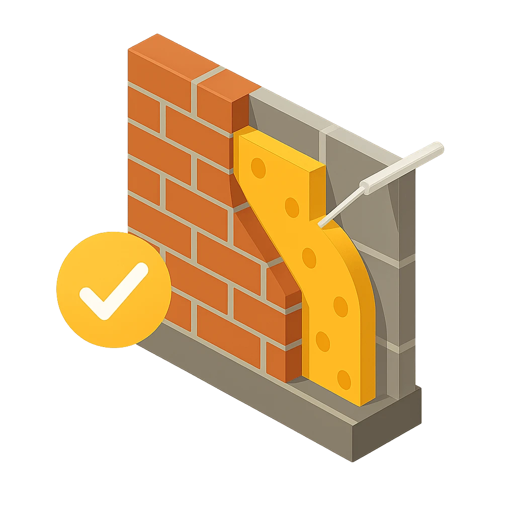 Illustration showing cavity wall insulation being installed through the UK Government ECO4 and Great British Insulation Scheme (GBIS) grants to improve home energy efficiency