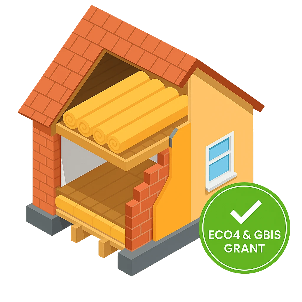 Illustration of a house with insulation layers representing ECO4 and GBIS government grants for home energy efficiency in the UK