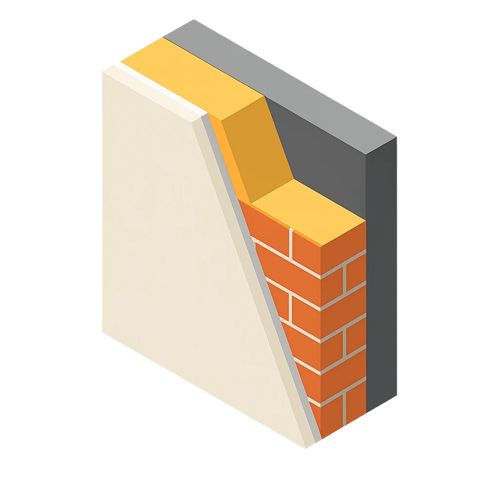 Diagram showing layers of external wall insulation installed under UK Government ECO4 and Great British Insulation Scheme (GBIS) grants to improve home energy efficiency.