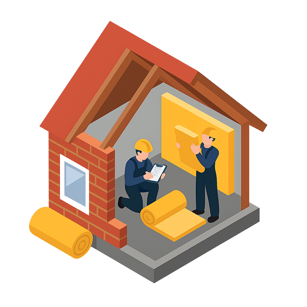 Home insulation survey illustration showing installers assessing property for ECO4 and GBIS government energy efficiency grants in the UK.