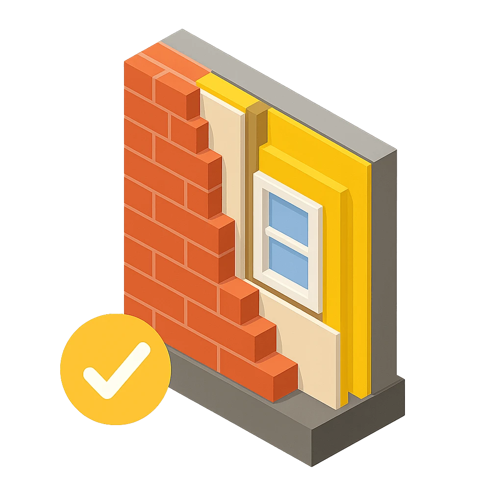 Illustration showing internal wall insulation layers installed through UK Government ECO4 and Great British Insulation Scheme (GBIS) grants to improve home energy efficiency.
