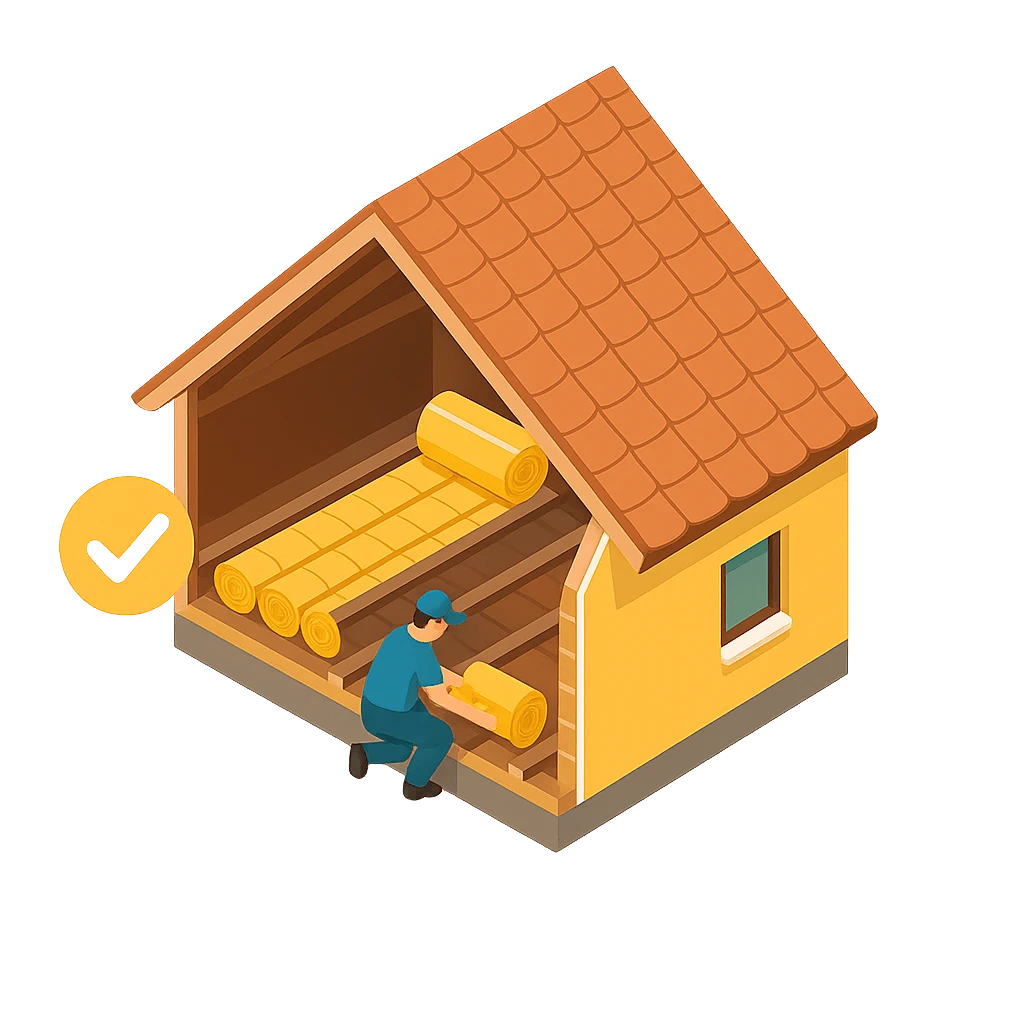 Illustration showing loft insulation being installed under the UK Government’s ECO4 and Great British Insulation Scheme (GBIS) grants to improve home energy efficiency.