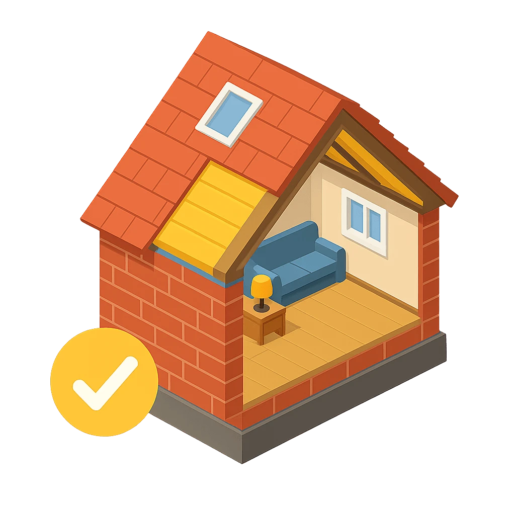 3D illustration of a home with room-in-roof insulation installed through UK Government ECO4 and Great British Insulation Scheme (GBIS) grants to improve energy efficiency.