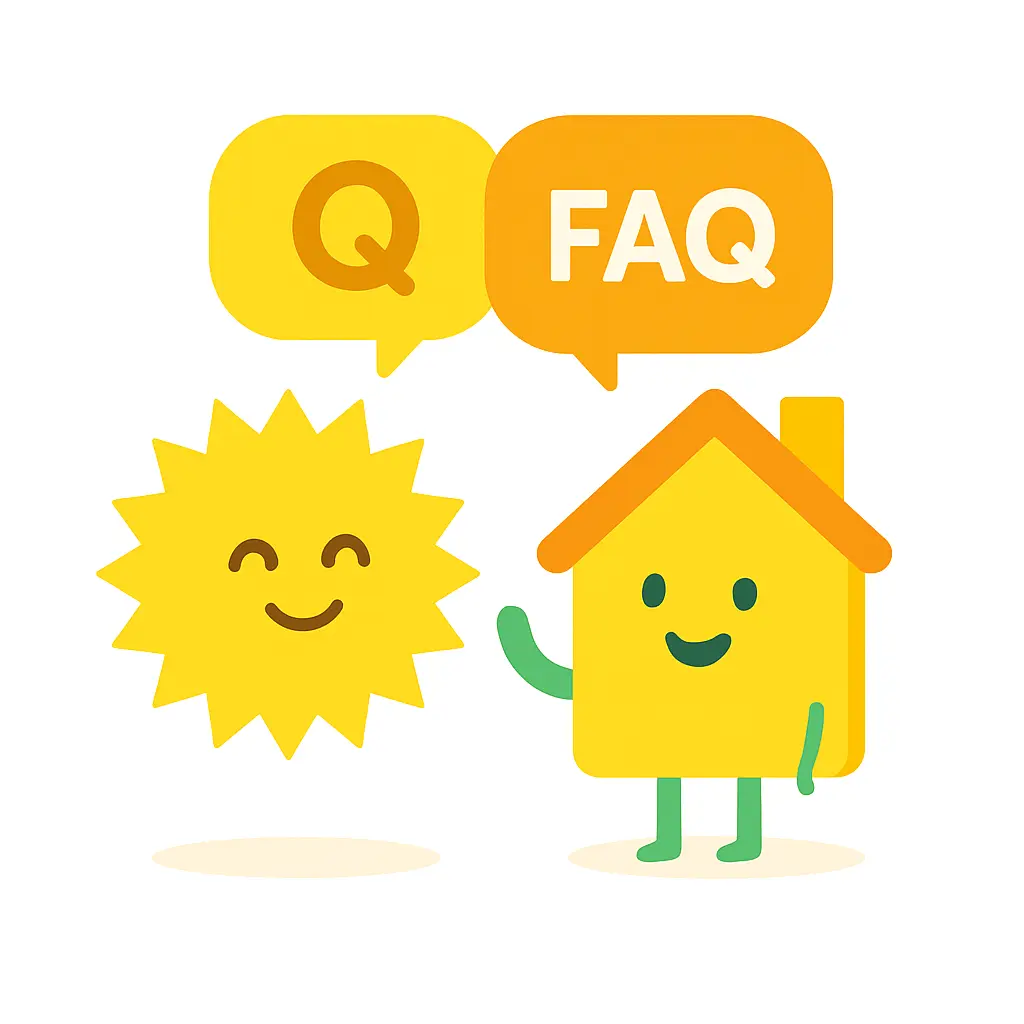 Illustration of a smiling home and sun with FAQ text, representing common questions about UK insulation grants and energy-saving schemes