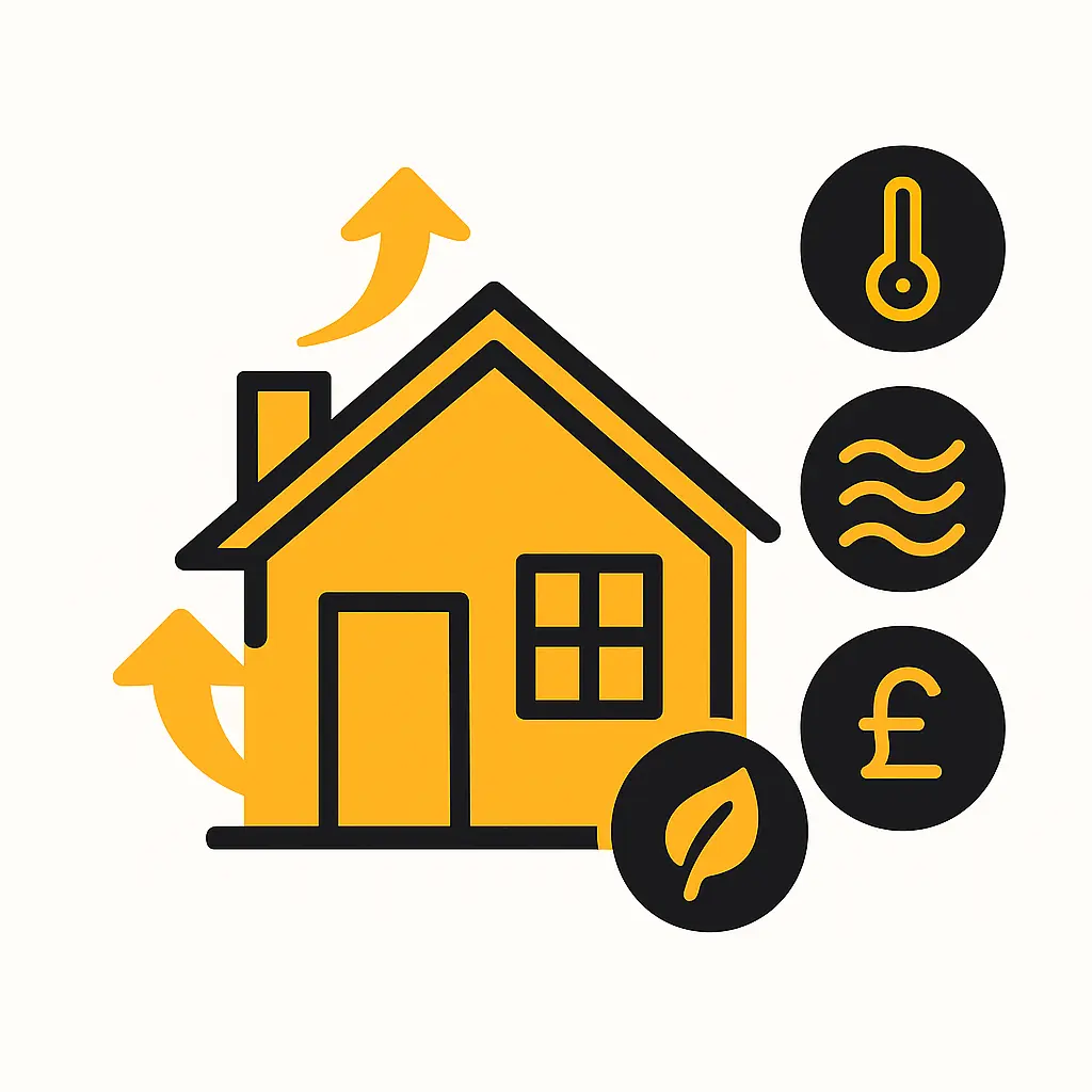 Illustration of a home with energy efficiency symbols representing UK government-backed insulation and heating upgrade schemes like ECO4 and GBIS.