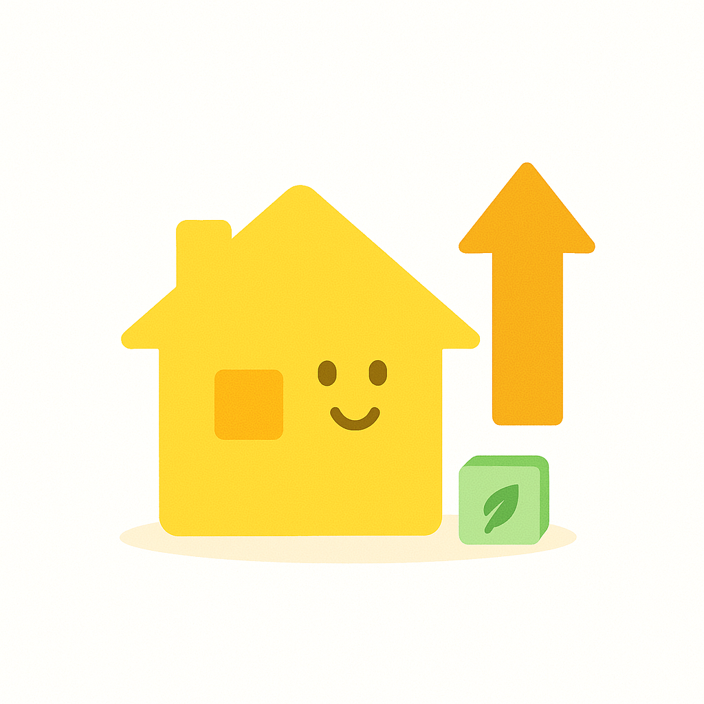 Illustration of an energy-efficient home with an upward arrow representing improved insulation and energy savings from UK government grants.
