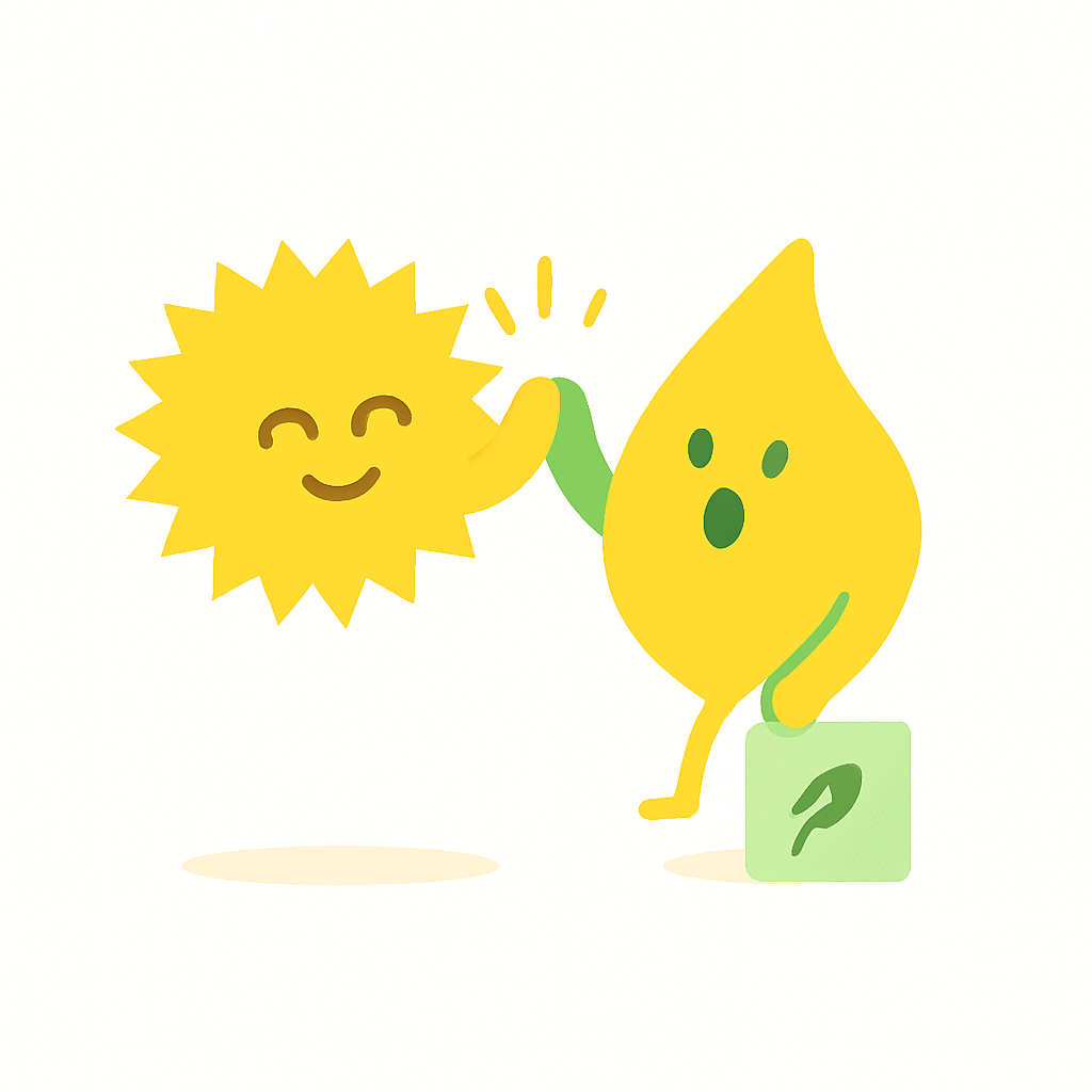 Cartoon illustration of a smiling sun and energy drop giving a high-five, representing eco-friendly insulation grants and renewable energy savings in the UK.