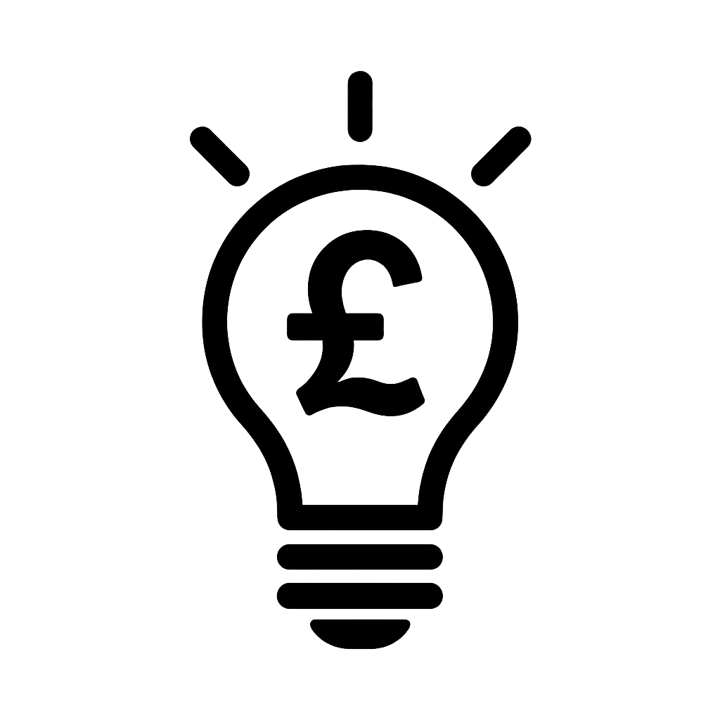 Icon of a light bulb with a pound symbol representing lower energy bills through loft and wall insulation in UK homes.