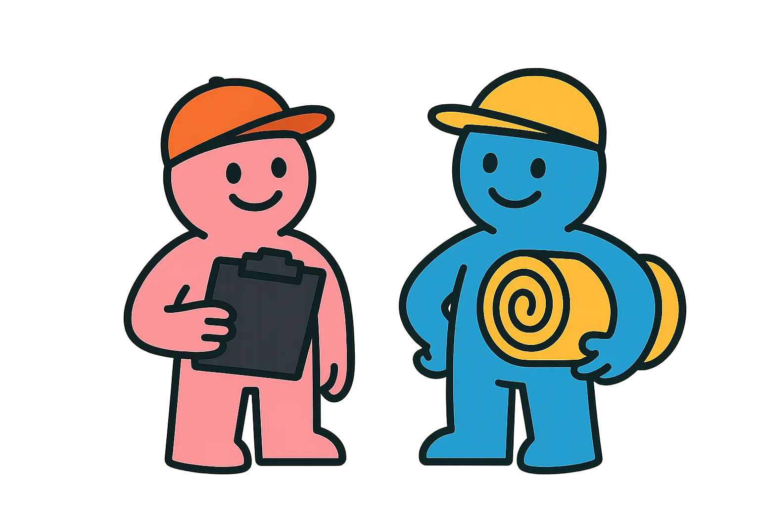 Cartoon illustration of two insulation installers holding materials, representing professional loft insulation installation under UK government grants