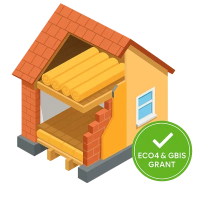 Illustration of a house with insulation layers representing ECO4 and GBIS government grants for home energy efficiency in the UK