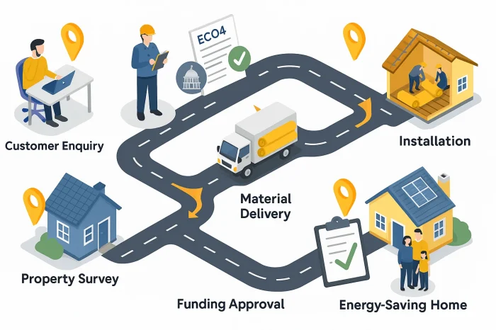 Step-by-step process of ECO4 government loft insulation grant — from customer enquiry and property survey to funding approval, material delivery, installation, and achieving an energy-saving home.